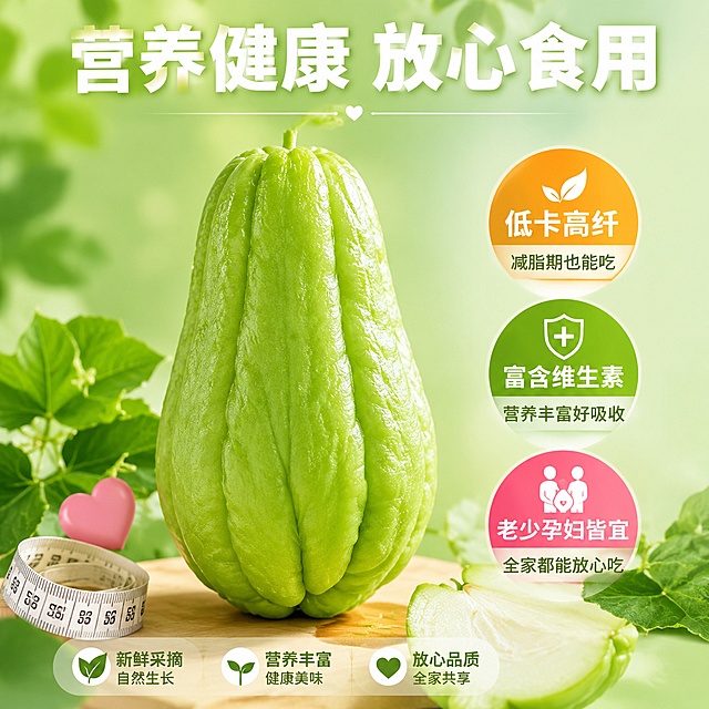 [主图-6] 营养卖点图，低卡高纤、老少孕妇均可食用。
[氛围风格] 拼多多生鲜风格，健康营养，清新放心，温馨家庭感。
[画质] 商业摄影质感、光线柔和通透、产品清晰真实、画面干净高级，超高清细节。
[元素] 画面中央摆放一个新鲜翠绿的佛手瓜，旁边搭配一些健康元素装饰，如绿色叶片、营养图标、卷尺、心形图案等，表达健康营养概念。佛手瓜外观（即物理结构、材质质感、颜色）与输入产品图保持绝对一致，杜绝任何变形和色差，精细化处理。背景为清新的浅绿色渐变，干净明亮。商品主体占比约50%。画面满屏无边框。
[光影] 柔和正面光，整体明亮通透，佛手瓜表面有自然光泽，阴影柔和，光比小，清新干净的感觉。
[配色] 主色翠绿（佛手瓜），辅色浅绿（背景）、白色（文字）、粉红（心形/孕妇元素点缀）、橙色（强调）。
[视角构图] 平视角度，佛手瓜居中偏左，右侧和周围分布营养卖点信息，构图平衡，视觉中心明确。
[文字版式] 画面右侧纵向排列三个营养卖点，每个卖点有圆形图标+文字：第一个橙色圆形图标"低卡高纤"+小字"减脂期也能吃"；第二个绿色圆形图标"富含维生素"+小字"营养丰富好吸收"；第三个粉色圆形图标"老少孕妇皆宜"+小字"全家都能放心吃"。画面顶部居中白色粗体大字"营养健康 放心食用"。文字清晰可读，不遮挡佛手瓜主体。
[输出要求] 1:1比例，800×800拼多多规范尺寸，文字清晰锐利，画面超高清商业摄影质感。
[负向提示词] 变形，文字错乱，产品图模糊，背景杂乱，水印，电商平台Logo，佛手瓜变形，多余手指，人物面部扭曲。