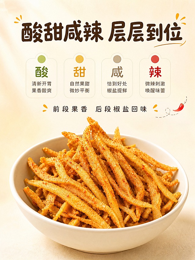 [商品] 使用【图5】一碗芒果条+酸甜咸辣口味图，【图2】细长芒果条图；保留芒果条橙黄色、碗装形态、表面椒盐颗粒；商品处理：增强色泽和颗粒感，碗装堆叠自然有食欲。
[画面] 目标：风味层次拆解页，酸甜咸辣四层口味可视化。构图：上文下图，上方口味分层图示，下方碗装产品主体。主体：白瓷碗装满芒果条堆叠，占画面下方50%。上方：4个彩色小圆点横向排列，分别代表酸、甜、咸、辣，下方配文字说明。景别：中景。阅读动线：从上到下。前中后景：前景碗装产品，中景口味图示，后景浅米白渐变背景。
[视觉] 套系策略：风格=小红书种草风治愈系美食摄影；标题字=圆润可爱粗体（圆体/手写感粗圆体）；正文字=简洁无衬线体；主色=芒果橙黄+米杏白；背景延展=基于米杏白做浅渐变、细腻纸张质感，局部暖光晕染；强调色=辣椒红，仅用于小面积图标、引线、标签点缀；标题色=深暖棕；正文色=中暖灰；组件=圆角浅底信息卡、细线分割、小图标点缀；光影=左前侧暖柔光，柔和自然阴影。
[文字] 主标题：「酸甜咸辣 层层到位」（8字，圆润粗体，深暖棕色，上方居中）；4个口味标签横向排列：「酸」「甜」「咸」「辣」（每个字配对应颜色小圆点图标，酸=青柠绿、甜=芒果黄、咸=浅灰、辣=辣椒红）；副标题：「前段果香 后段椒盐回味」（位于口味标签下方）。文字区在上方1/2，层次清晰，不遮挡碗装主体。所有文字横排。
[规格] 图片比例3:4竖版，4K分辨率，避免变形、错字、文字过小、冷蓝背景、产品颜色失真、水印、平台logo。