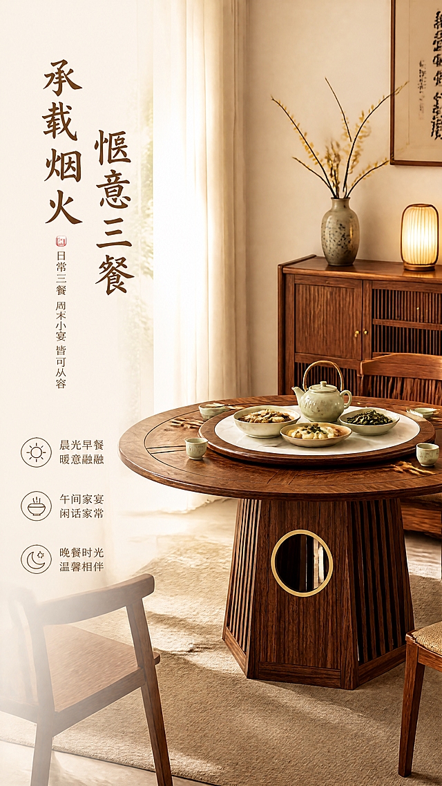 [第3张] 使用场景页-日常三餐居家氛围。本张使用【图1】作为商品主体。
[氛围/风格] 温馨惬意新中式餐厅日常场景，午后暖光，居家烟火气，商业摄影质感，无人物。
[元素布局] 餐桌置于画面右侧，占比约50%；桌面上摆放精致的三餐餐具、粥碗、小菜碟、茶壶茶杯，营造日常用餐氛围；背景左侧为落地窗，纱帘透进柔和自然光，窗外有绿植剪影；空间中有实木餐椅、中式餐边柜、陶瓷花瓶插着腊梅、地毯；餐桌结构、颜色、比例与输入图完全一致。
[光影质感] 左侧自然光为主光源，右侧暖光辅助，餐桌底部柔和投影，整体温馨舒适。
[配色色系] 全局底色 #F5EDE3（米杏色）；主色深木色+米白；辅助色暖黄、浅绿、陶瓷青色。
[视角构图] 45°斜侧平视，餐桌与空间环境融合，阅读动线左到右。
[文字版式] 左侧竖排艺术字排版。主标题「承载烟火 惬意三餐」，新中式书法艺术字体，深棕色；副标题「日常三餐 周末小宴 皆可从容」；下方三条短句「晨光早餐 暖意融融」「午间家宴 闲话家常」「晚餐时光 温馨相伴」，配小图标。文字区在左侧，不遮挡餐桌。
[比例分辨率] 9:16 竖版比例，4K分辨率，文字清晰可辨，高清画质。
[负向提示词] 人物出现，产品变形，结构错误，颜色偏差，水印，文字过小，场景杂乱，产品比例失真。