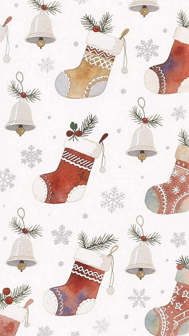 水彩风插画，融合轻拟物与印象画派手法，圣诞袜与铃铛点缀雪景，传递喜庆温馨的节日氛围。