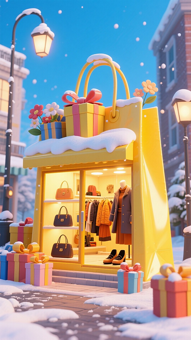 梦幻3D微缩艺术风，黄色购物袋化作店铺，雪夜中绽放温馨喜庆，软塑料质感与彩礼盒交织，萌趣可爱，节日氛围满分。