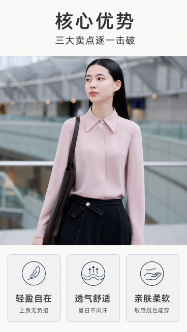 [第2屏] 雪纺女衬衫核心卖点展示页，使用图1作为主体参考。本屏功能为集中展示三大核心卖点：轻盈、透气、亲肤。氛围风格：简约高级ins风，适配小红书，干净通透。元素布局：保留原衬衫浅粉色雪纺材质和版型预览效果
