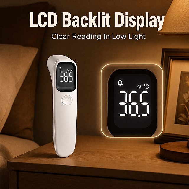 [主图-2] 唯一任务：核心价值 LCD Backlit Display，暗光环境读数清晰；产品严格复制输入图，不融合其他型号。
[统一基调] 整体为 Amazon 医疗健康类克制简约信息图：暖米白/浅米/暖白背景，夜场景为暖琥珀暗调，禁止冷蓝冷灰主背景；主标题深炭褐粗体无衬线、副文案中小号暖灰、强调色暖琥珀，卡片统一圆角浅米白半透明；所有英文文字仅横向排版。产品严格按输入图复制：一体化笔型/直柄流线机身（非枪型），纯白哑光塑料，顶部扁平圆角矩形宽额温探头（开口内黑色传感器、外圈白色边框），侧面弧形电池盖分模线，正面居中黑色圆角高光屏幕显示白色 36.5、右上 °C、左上铃铛图标，屏幕下方居中圆形哑光白按键印 SCAN 与电源符号；不改轮廓/部件/颜色/比例。
[画面] 暖琥珀夜灯下的卧室床头柜：产品轻放柜面、屏幕朝向镜头，黑色屏幕白色 36.5℃ 是画面最亮焦点；右侧圆角放大窗特写屏幕（36.5、°C、铃铛图标）带柔和暖白辉光；大标题 "LCD Backlit Display"，副句 "Clear Reading In Low Light"，横排；画面无人物。
[光影质感] 暖光主光源，屏幕辉光暖白，白色机身柔和高光与哑光分界，阴影柔和，无悬浮无白底残留。
[配色] 暖棕黑夜氛围、琥珀灯光、暖白标题；禁止冷蓝冷灰。
[文字版式] 深色场景用暖白粗体无衬线主标题，全部横向排版。
[输出要求] 1:1；产品与原图一致；禁止竖排文字、错字、水印、畸形手部、冷色夜光、枪型机身、随意融合、屏幕数字被重绘。