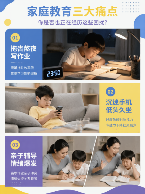 展示家庭教育中三个常见痛点场景：1.孩子夜晚台灯下熬夜拖沓写作业，时钟显示接近12点；2.孩子沉迷手机低头久坐；3.亲子辅导作业时，家长情绪从温和到爆发对比，真实真人家庭场景摄影，现代简约风格，配色采预览效果
