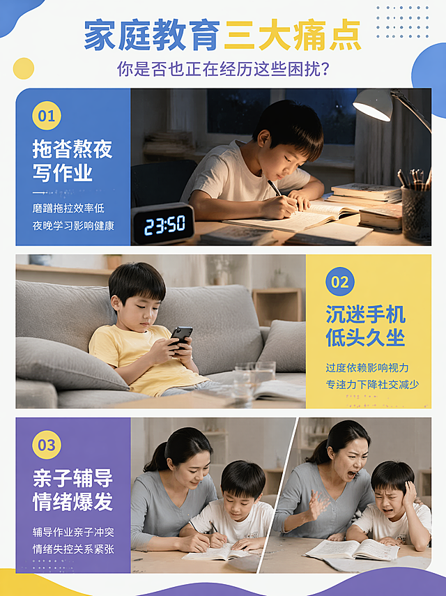 展示家庭教育中三个常见痛点场景：1.孩子夜晚台灯下熬夜拖沓写作业，时钟显示接近12点；2.孩子沉迷手机低头久坐；3.亲子辅导作业时，家长情绪从温和到爆发对比，真实真人家庭场景摄影，现代简约风格，配色采用蓝黄、黄紫清新明快配色，适合夏令营宣传册使用，无版权问题
