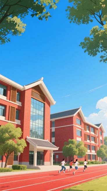 中国风插画风格的校园建筑景观，画面主体为红砖教学楼群，建筑采用坡屋顶设计，搭配大面积玻璃窗和木质格栅装饰，教学楼前是红色塑胶跑道，跑道上有几位正在跑步的学生，背景为晴朗的蓝色天空，周围点缀着绿树，整体画面色彩明快，充满青春活力与传统文化韵味，构图采用低角度仰拍视角，突出建筑的层次感与空间感，光影明亮柔和，营造出宁静而富有朝气的校园氛围。预览效果