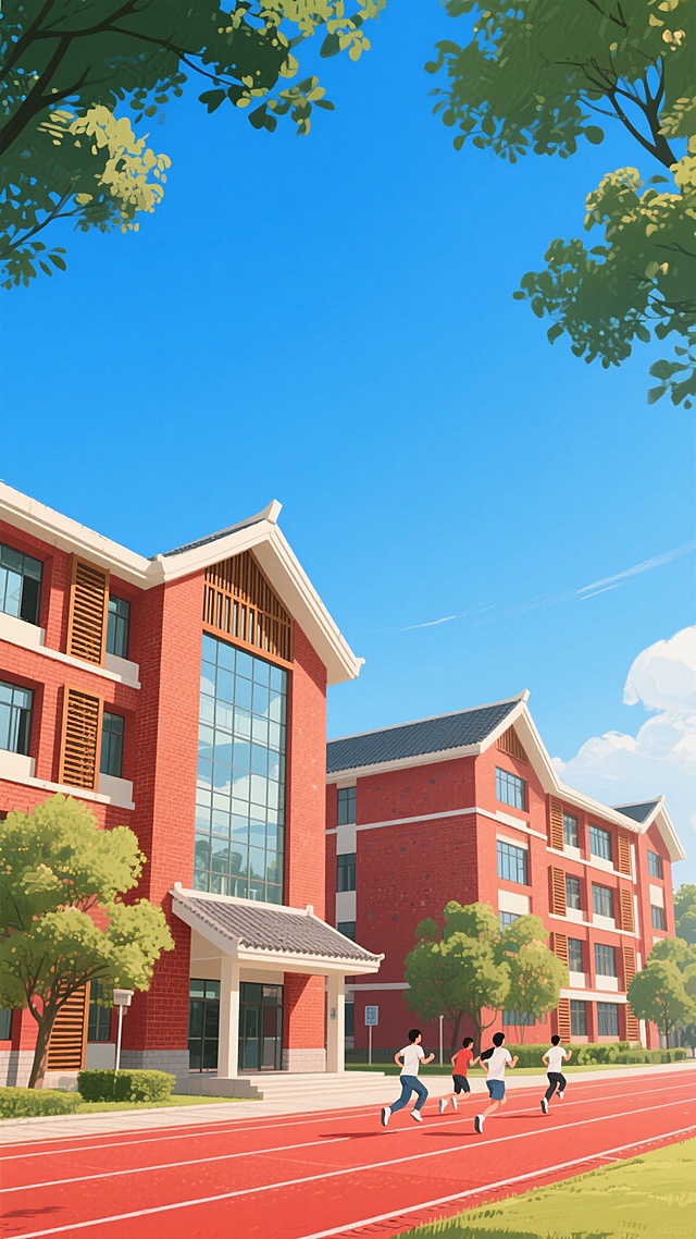 中国风插画风格的校园建筑景观，画面主体为红砖教学楼群，建筑采用坡屋顶设计，搭配大面积玻璃窗和木质格栅装饰，教学楼前是红色塑胶跑道，跑道上有几位正在跑步的学生，背景为晴朗的蓝色天空，周围点缀着绿树，整体画面色彩明快，充满青春活力与传统文化韵味，构图采用低角度仰拍视角，突出建筑的层次感与空间感，光影明亮柔和，营造出宁静而富有朝气的校园氛围。