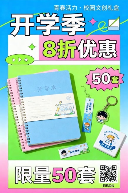 ：校园定制文创礼盒（含笔记本、钥匙扣、书签），促销信息“开学季8折优惠”“限量50套”，内容：风格青春活力，包含产品实物元素、促销文案、购买二维码占位符。制作海报目标受众为在校大学生。预览效果