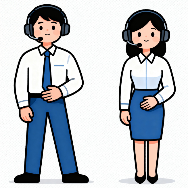 卡通人物：两名手机客服人员，一男一女，站立着的。男生身体立直、挺胸收腹、抬头，下额微收，双目平视，双手自然下垂置于身体两侧，右手放在左手上放在腹前，两腿分开平行，宽度不超过肩宽；女生头部微微抬起，面部预览效果