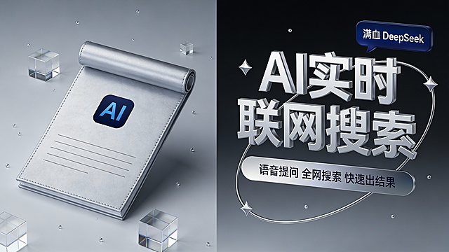 这是一张主打商务轻奢定位的 AI 产品宣传图，采用左图右文的平衡构图。左侧是一个 3D 渲染的哑光银皮质卷轴式文档，表面压印深蓝色 “AI” 图标与简约商务线条纹理，象征专业智能内容生成；右侧是视觉核心，一个由哑光金属圆环、极简菱形和柔和星点组成的商务光环，内嵌巨大磨砂银立体字 “AI 实时联网搜索”，上方悬浮深海军蓝对话气泡 “满血 DeepSeek”，下方配银灰渐变磨砂条幅 “语音提问 全网搜索 快速出结果”。背景为低饱和深空灰渐变，强化主体视觉高级感，点缀透明亚克力几何块与细碎银色光点，营造高端商务数字空间氛围。整体色彩以深空灰、银、深海军蓝为主，对比沉稳且富有质感。风格融合 3D 金属写实与极简商务 UI 设计元素，光影柔和克制，质感细腻高级，旨在突出产品的稳定可靠与专业适配性，适用于企业级 AI 引擎的品牌发布场景。