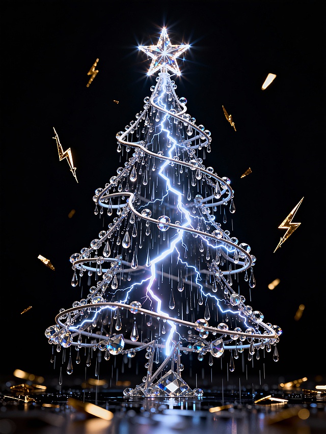 未来感圣诞树，3D玻璃风结构，霓虹闪电贯穿，晶莹水滴垂落，金色雷电环绕，梦幻科技光影交织，虚拟现实节日氛围。