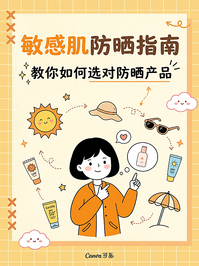 夏日防晒科普海报，可爱卡通手绘风格，文字为"敏感肌防晒指南，教你如何选对防晒产品"，搭配可爱的卡通女孩形象和防晒工具元素，保持参考图活泼清新的设计感，竖版构图