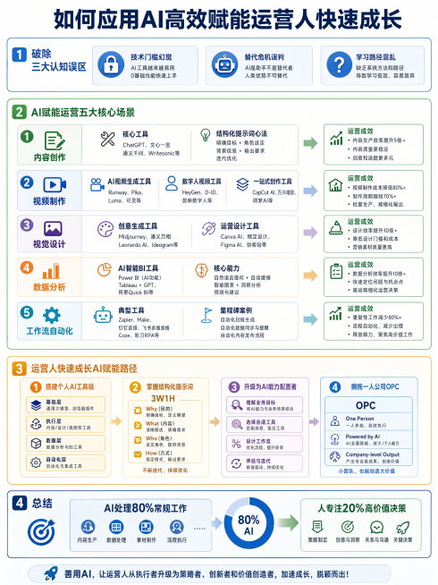 信息图表，"如何应用AI高效赋能运营人快速成长"结构总览图，清晰展示以下层级结构：
总标题：如何应用AI高效赋能运营人快速成长
1. 破除三大认知误区：技术门槛幻觉、替代危机误判、学习路径混乱
2.预览效果
