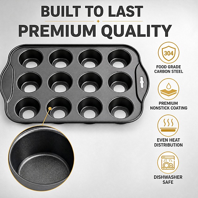 [主图-3] 12-Cup Nonstick Mini Cheesecake Pan with Removable Bottom，材质细节与品质图，唯一任务是展示不粘涂层材质与做工细节。
[统一基调] 跨境亚马逊信息图风格，浅灰渐变背景，主色家族为浅灰白，标题深灰字，辅助字中灰字，强调色暖金色，无衬线粗体英文字体，字号层级分明，卡片圆角简洁。
[画面] 产品黑色12杯迷你芝士蛋糕烤盘占据画面主体，俯视角度，占画面约60%。画面左下角有一个圆形放大特写窗口，放大展示杯模内部不粘涂层的细腻纹理，标注引线指向烤盘杯模内部。画面右侧垂直排列4个卖点图标+短词：1. Food Grade Carbon Steel（食品级碳钢图标+文字；2. Premium Nonstick Coating（不粘涂层图标+文字；3. Even Heat Distribution（均匀导热图标+文字；4. Dishwasher Safe 易清洁图标+文字。每个图标配一行短词，简洁明了。
[光影质感] 棚拍商业质感，侧逆光突出不粘涂层细腻哑光质感，金属边缘高光清晰，材质纹理真实可见，放大窗口内纹理锐利清晰。
[配色] 浅灰渐变背景，深灰标题字，黑色产品，暖金色强调色点缀图标。
[文字版式] 顶部大标题"Built to Last Premium Quality，下方四个垂直排列图标+短词，全部英文，无衬线粗体，标题最大，图标说明字缩小50%以上，文字放在右侧负空间，不遮挡产品。
[输出要求] 比例1:1，2048x2048，文字清晰，产品清晰，细节锐利，无变形，无错字，无模糊，无水印，无平台Logo，无中文。