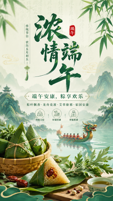 端午节竖版海报，用于朋友圈宣传，大标题“浓情端午”，副标题“端午安康，粽享欢乐”，画面有粽子、艾草、小龙舟，国风样式，文案排版整齐，配色贴合端午节日氛围，整体精美好看可直接保存使用预览效果