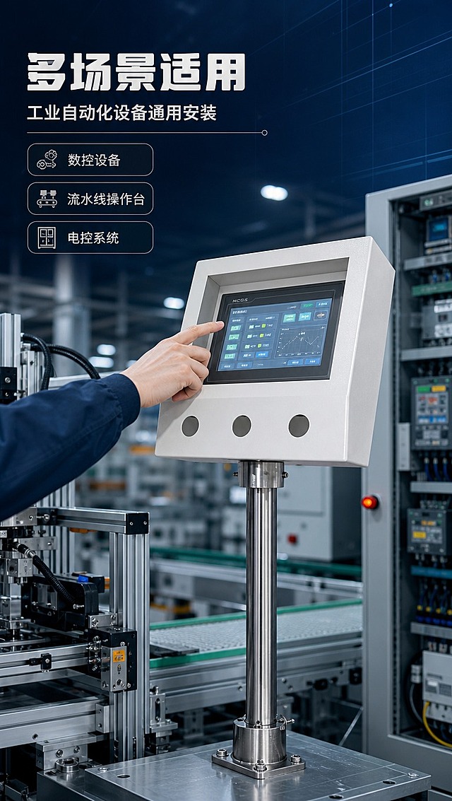 [商品] 使用【图1】触摸屏安装盒立式支架款；保留白色方形箱体、三个圆形按钮孔、不锈钢支架的结构和颜色；产品安装在工业设备旁，支架固定在工作台或设备机架上。
[画面] 目标：场景适配展示，体现产品实际应用环境。构图：产品位于画面中央偏右，占画面50%，安装在自动化生产线设备旁；左侧有工人手部操作触摸屏的示意动作；背景为工厂车间实景，有数控设备、流水线、电控柜等工业元素，中景清晰，远景虚化。
[视觉] 套系策略：风格=工业科技风商业摄影；标题字=粗黑无衬线工业字体；正文字=简洁无衬线体；主色=深蓝藏青；背景延展=基于深蓝做深浅渐变、科技网格线和光晕层次；强调色=银灰色，仅用于小面积图标、引线和高亮标签；标题色=纯白色；正文色=浅银灰；组件=圆角深色信息卡、细银线引线、工业风图标；光影=左前侧冷白光，产品表面有金属反光和环境光反射。
[文字] 左上区域主标题「多场景适用」，副标题「工业自动化设备通用安装」；下方3个应用场景标签：数控设备、流水线操作台、电控系统；文字区位于左上，不遮挡产品主体。
[规格] 图片比例9:16竖版，4K分辨率，避免变形、错字、文字过小、产品结构改变、颜色失真、暖色调背景。