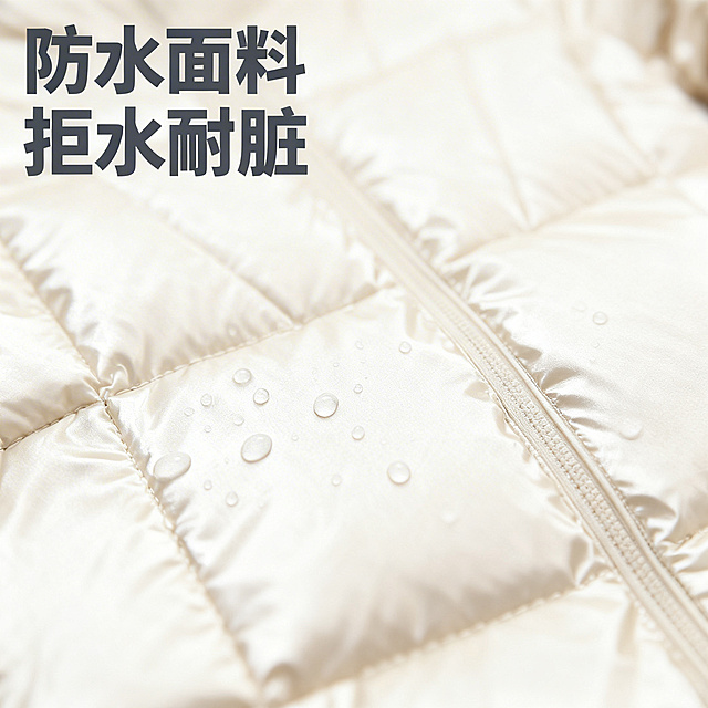 [主图 3] 特写展示防水面料材质
[氛围/风格] 细节特写，清晰展示面料质感，专业品质感
[画面元素] 近距离特写羽绒服面料局部，水滴停留在面料表面呈现防水效果，保持原产品米白亮光面料纹理和光泽，背景虚化突出面料材质，整体干净高级
[配色色系] 主色调：米白面料；透明水滴增加层次感
[视角构图] 特写平视，景深较浅突出面料细节
[文字版式] 左上角文字 "防水面料 拒水耐脏" 深灰色粗体无衬线，不遮挡面料核心展示区域
[比例分辨率] 1:1 比例，2k 分辨率