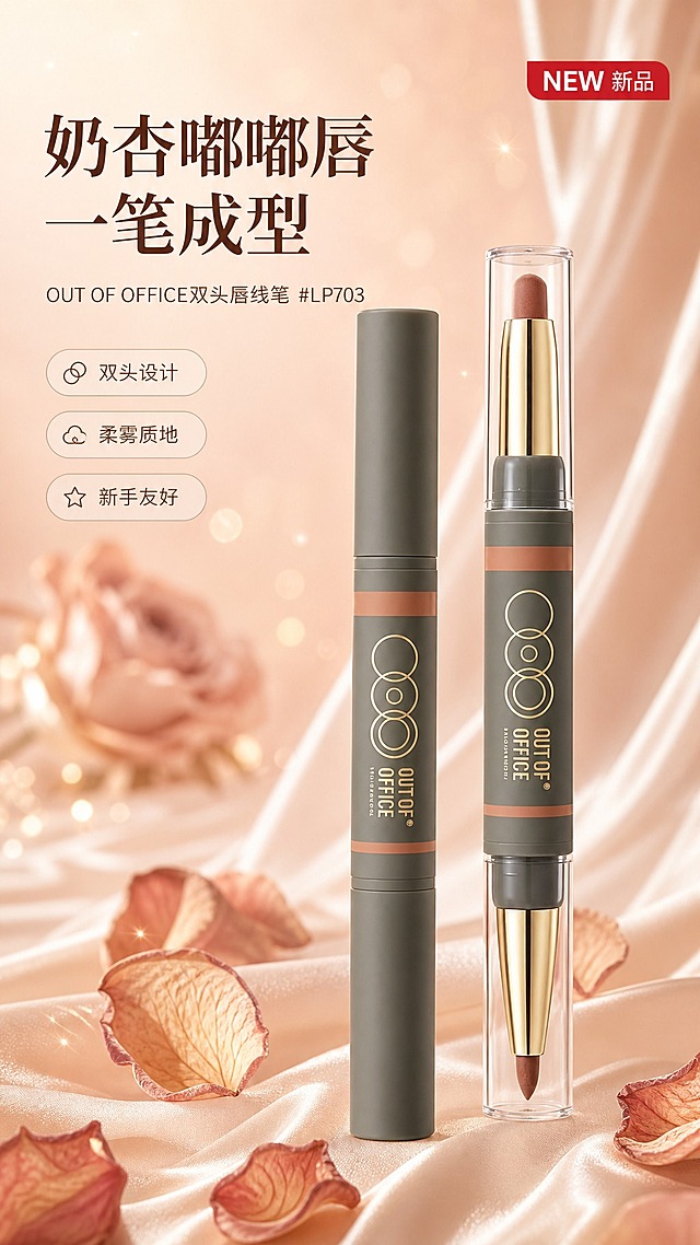 [商品] 使用【图1】OUT OF OFFICE 双头唇线笔；保留灰绿色笔身、金色三环Logo、OUT OF OFFICE字样、上下双头结构（上圆头晕染头+下尖头精细头）、透明笔帽、棕橘色膏体，产品比例和材质不变。
[画面] 首屏视觉大海报，产品居中偏右放大展示，占画面约55%，两支笔（一支盖帽一支开盖）错落摆放，营造高级美妆海报感。背景为奶杏粉色渐变柔焦背景，前景散落干枯玫瑰花瓣、米色丝绸布料，中景有柔和光斑和朦胧纱幔，后景虚化暖调光影。整体氛围温柔高级，有轻奢美妆质感。
[视觉] 套系策略：风格=温柔高级感美妆商业摄影；标题字=优雅衬线粗体；正文字=简洁无衬线体；主色=奶杏粉；背景延展=基于奶杏粉做深浅渐变、柔焦朦胧和丝绸/花瓣质感层次；强调色=暖棕金，仅用于小面积图标、引线、标签和高光点缀；标题色=深棕咖；正文色=暖棕灰；组件=圆角半透明信息卡、细线引线、胶囊标签；光影=左前侧暖柔光，右侧轮廓光。
[文字] 左上区域放主标题"奶杏嘟嘟唇 一笔成型"，副标题"OUT OF OFFICE双头唇线笔 #LP703"，下方3个短卖点胶囊标签："双头设计"、"柔雾质地"、"新手友好"，右上角红色圆角胶囊标"NEW 新品"。文字不遮挡产品主体。
[规格] 图片比例9:16竖版，2K分辨率，避免变形、错字、文字过小、冷蓝背景、产品颜色改变、结构失真、极限词。