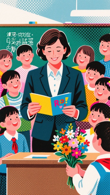 从人物后方看过去的视角：在教室的讲台上，教师手拿感谢贺卡在阅读，男女学生簇拥在周围，有一位学生给老师送上鲜花。Riso印刷风格预览效果