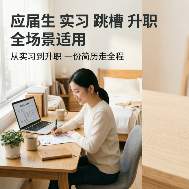 [主图主题] 多场景适用展示
[氛围/风格] 生活方式氛围感，轻松求职
[画面元素] 左侧一位年轻毕业生（亚洲面孔）坐在书桌前，电脑屏幕打开简历模板，右手握笔准备修改，书桌干净整洁，有绿植和咖啡杯点缀预览效果