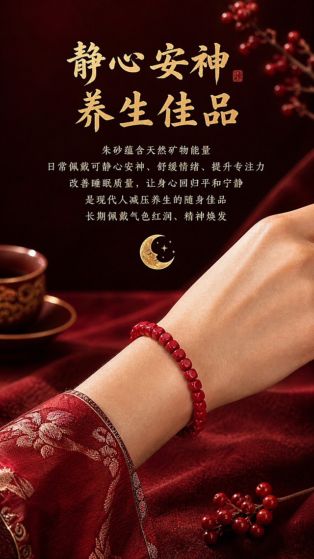 淘宝天猫电商详情页，9:16竖版，朱砂手串养生功效卖点图，参考图8红金高级质感风格，手部佩戴帝王砂方形珠手串特写，手串外观严格保持原样不修改，酒红色丝绒质感背景，中式茶具、红豆枝点缀，顶部大标题文字"静心安神 养生佳品"，下方详细文字："朱砂蕴含天然矿物能量，日常佩戴可静心安神、舒缓情绪、提升专注力，改善睡眠质量，让身心回归平和宁静，是现代人减压养生的随身佳品，长期佩戴气色红润、精神焕发"，配月牙睡眠图标，整体红金国风，温暖柔和光影