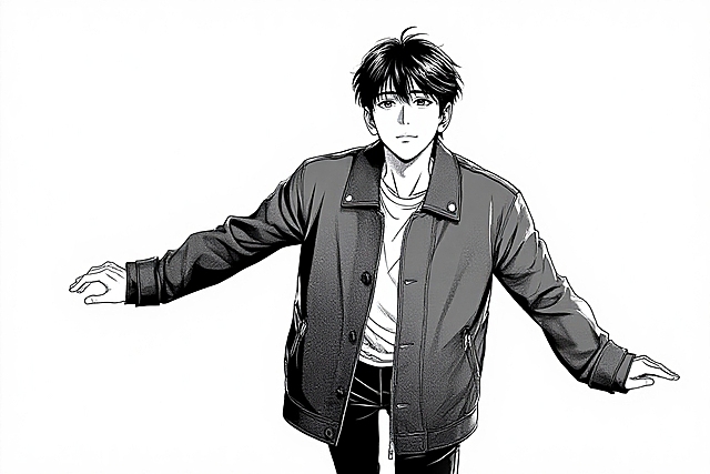 图片中的人物变成黑白日漫风格，背景白底，完整人物。