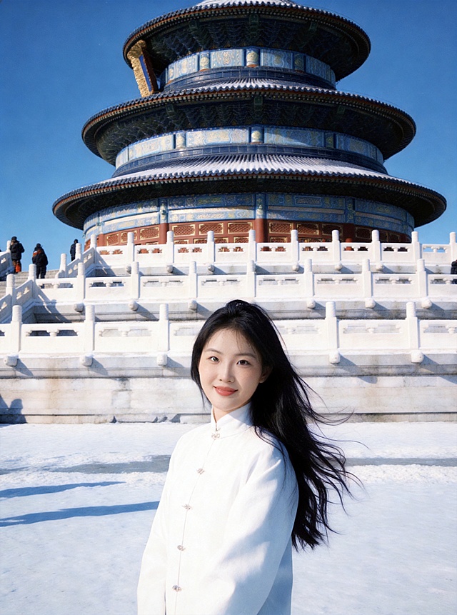 将参考图1（证件照）的人物脸部五官精准替换到参考图2（天坛雪景女生）的脸上，保持参考图2的发型、白色新中式服装、天坛雪景背景、姿势、光影、色调、构图完全不变；脸部与头部、颈部自然衔接，肤色与原图冷调冬日光线完美融合，无拼接痕迹，面部光影与原图侧逆光方向一致，整体和谐自然；保留参考图1的五官特征、脸型比例，表情自然微笑，与场景氛围协调