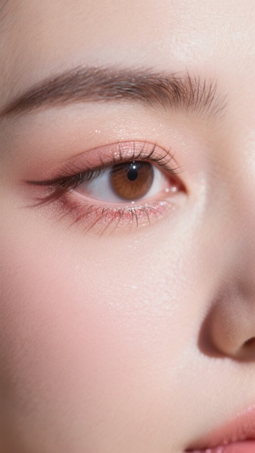 超写实人像摄影，特写镜头，单只眼睛，柔和自然光从左上方照射，高清晰度，细腻皮肤质感，淡粉色眼周肌肤，深棕色眉毛，眉毛纹理清晰自然，睫毛纤长浓密，根根分明，眼白清澈透亮，棕色虹膜，瞳孔深邃，内眼角微红，眼周带有细腻珠光眼影，改变眼睛造型为略带下垂的无辜眼型，神态呈现温柔朦胧感，眼周纹理增加细腻的卧蚕阴影和轻微的珠光闪粉点缀，整体保持超写实风格和柔和光影效果。预览效果