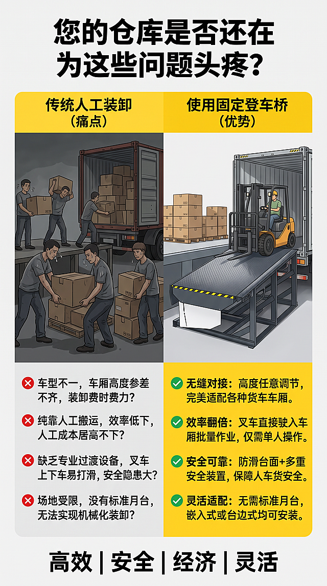 「图片1」，生成一套详情页，商品名称为固定登车桥，适配淘宝/天猫平台，单图比例为9:16，需求屏数为5张。第1屏：首屏海报——震撼开场，直击核心利益
【视觉建议】：登车桥与货车车厢完美对接的高清实景图，一辆满载叉车正在顺畅驶入车厢。大字标题醒目，配上“源头工厂”标签。
【文案】：
主标题：固定式液压登车桥 —— 仓储物流的“隐形功臣”，让装卸快人一步
副标题：一键升降 | 无缝搭接 | 单人作业 | 承重10吨+
核心标签：✅ 现货秒发 ✅ 免费上门勘测 ✅ 免费安装指导 ✅ 终身维保

第2屏：痛点直击——为什么你需要这台设备？
【视觉建议】：左右对比图。左边是传统人工搬运（满头大汗、效率低、货损高）；右边是叉车通过登车桥直接驶入车厢（轻松高效、批量作业）。
【文案】：
您的仓库是否还在为这些问题头疼？
❌ 车型不一，车厢高度参差不齐，装卸费时费力？
❌ 纯靠人工搬运，效率低下，人工成本居高不下？
❌ 缺乏专业过渡设备，叉车上下车易打滑，安全隐患大？
❌ 场地受限，没有标准月台，无法实现机械化装卸？
我们的解决方案：
✅ 无缝对接：高度任意调节，完美适配各种货车车厢。
✅ 效率翻倍：叉车直接驶入车厢批量作业，仅需单人操作。
✅ 安全可靠：防滑台面+多重安全装置，保障人车货安全。
✅ 灵活适配：无需标准月台，嵌入式或台边式均可安装。
第3屏：核心优势——四大卖点，实力碾压
【视觉建议】：四宫格排版，每个卖点配一个简洁的工业风线性图标。
【文案】：
标题：四大核心优势，重新定义高效装卸
【全液压驱动】：一键智能升降，运行平稳，重载下不卡顿。
【超强承重】：高强度U型梁设计，动载6-12吨，久用不变形。
【极致防滑】：8mm加厚防滑花纹钢板，雨天叉车爬坡不打滑。
【源头工厂】：没有中间商赚差价，出厂价直供，性价比极高。

第4屏：结构解析一——主板与唇板（无缝衔接）
【视觉建议】：登车桥主板与车厢搭接处的局部特写，用箭头标注唇板搭接深度。
【文案】：
标题：无缝搭接，告别缝隙隐患
高强度主板：采用国标锰钢矩形管/U型梁骨架，自重轻、承载力大，满载叉车行驶不凹弯。
可伸缩唇板：精准搭接在车厢底部，有效覆盖间隙。搭接深度≥100mm，杜绝叉车前轮陷落或滑脱风险。
整长轴连接：唇板与主板采用整长轴连接，强度高、可靠性好，抗疲劳性能极佳。
第5屏：结构解析二——液压与动力系统（强劲心脏）
【视觉建议】：液压泵站及油缸的高清特写，配合“盾牌”或“能量”图标。
【文案】：
标题：进口液压系统，平稳耐重载
整体模块式液压站：采用进口密封件与高精度耐磨油缸，密封性好，杜绝漏油，使用寿命长达8万小时。
双层钢丝高压油管：抗压防爆，确保动力传输稳定，升降角度控制在6°-11°最佳爬坡区间。
断电紧急制动：突发停电或事故时，系统自动锁死，防止平台自由坠落，保障人员与货物安全

使用上传产品图生成图时，上传的产品图不要发生任何变动，保持机器一致性，机器颜色不发生改变，配色风格：建议使用工业黄+黑或者科技蓝+白，体现重型机械的力量感和专业度