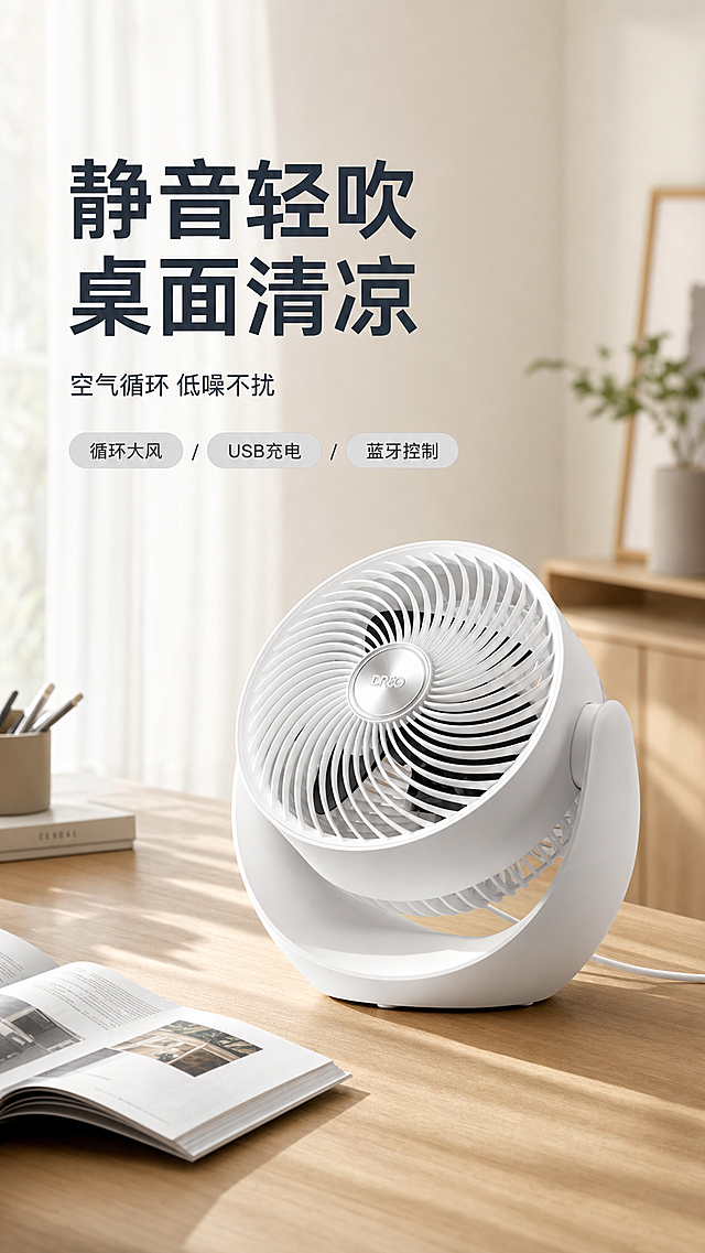[第1屏] 详情页头图-静音桌面风扇生活场景宣传图。
[氛围/风格] 现代简约清新家居风，温馨明亮自然光感，商业实景摄影质感，画面干净高级，契合居家办公放松氛围。
[元素布局] 主体商品为白色圆形静音桌面风扇，本屏使用【图2】作为商品主体，保持商品白色圆润外壳、螺旋扇叶、中部银色铭牌的物理结构、材质质感、颜色与输入产品图一致，商品主体放置在浅原木色桌面中下部区域，占据画面约65%比例。背景为浅米色墙面搭配半透白色窗帘，左上角留白放置标题文字区，桌面左侧可放置一本摊开的杂志作为前景层次装饰，整体场景为干净整洁的桌面办公休闲角，背景虚化突出商品主体。
[光影质感] 左侧斜射入柔和自然主光，在桌面形成柔和投影，商品扇页边缘保留清晰高光，整体明暗层次均匀，商品轮廓清晰真实通透。
[配色色系] 全局底色：#F5F5F0（浅米白）；主体配色：#FFFFFF（风扇主体）+ #E0E0E0（银色铭牌）+ #D2B48C（浅木桌面）；辅助色：#F8F8F8（背景墙面）+ #2C3E50（深灰标题文字）。
[视角构图] 正面微45度斜视角，景深适中，商品主体位于画面视觉中心偏下位置，左上标题区预留充足，阅读动线从上到下自然流畅。
[文字版式] 左上区域排版，主标题「静音轻吹 桌面清凉」两行深灰色字，左对齐，主标题字号约为画面宽度7%，字间距适中，不遮挡商品主体。主标题下方副标题「空气循环 低噪不扰」，字号约为主标题40%，再下方三个悬浮卖点标签「循环大风 / USB充电 / 蓝牙控制」，浅灰底深字圆角设计，不遮挡主体。
[比例分辨率] 9:16 竖版比例，4K超高清分辨率，文字清晰可辨。
[负向提示词] 商品结构变形，扇页缺失，颜色偏差，水印，文字错乱，产品模糊，背景杂乱，极端配色，诱导按钮。