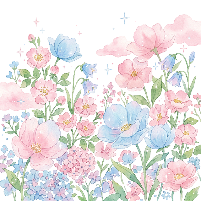 参考这张图的马卡龙淡彩水彩画风，生成只有花朵的画面，整体风格清新甜美，色彩柔和，包含渐变晕染和亮闪点缀，只保留各种形态的粉色和蓝色花朵，去掉喷泉和小狗元素