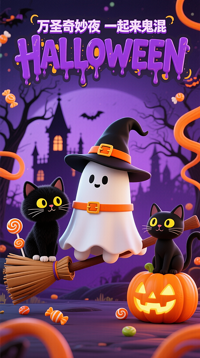 3D 卡通风格，背景为深紫色调的万圣节夜晚，融入朦胧的哥特式城堡剪影与枯树轮廓；画面中心是一只造型软萌的白色幽灵，头戴带有橙色腰带扣的黑色巫师帽，坐在棕色扫帚上；扫帚左侧有一只黑毛黄眼的卡通猫（身旁点缀橙色糖果），右侧有另一只黑猫坐在发光的橙色南瓜灯上，周围环绕橙色曲线装饰与小糖果元素；顶部是紫色中文小字 “万圣奇妙夜 一起来鬼混”，其下方是带有滴落质感的紫色大字 “HALLOWEEN”。