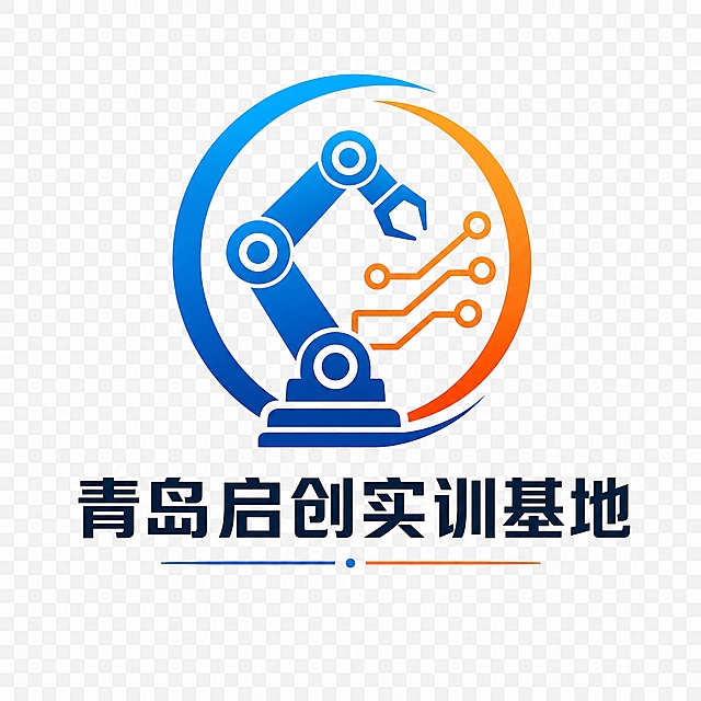 极简现代风格Logo设计，图文组合标，品牌名称为"青岛启创实训基地"，行业为工业机器人培训和PLC编程培训。图形以圆形为基础框架，内部抽象化机械臂关节与电路节点结合，蓝橙渐变配色，科技感十足。图形简洁有力，识别度高，体现专业培训的品牌调性。右侧或下方配有"青岛启创实训基地"中文标准字，字体现代稳重。1:1正方形构图，社媒头像适配，透明背景，PNG格式，精致矢量风格