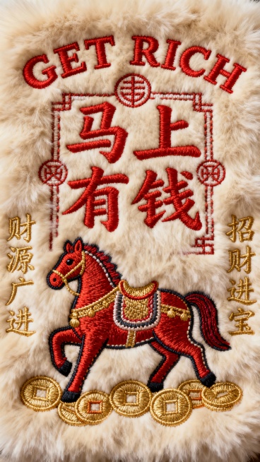 最上方有英文"GET RICH"，中间是道家神秘灵符笔画的红色东方符箓字体"马上有钱"，下面是一匹马背着铜钱组合的图案，两侧竖排金色的“财源广进”和“招财进宝”，有玄术封印、夸张笔触、咒语结构线条，排预览效果