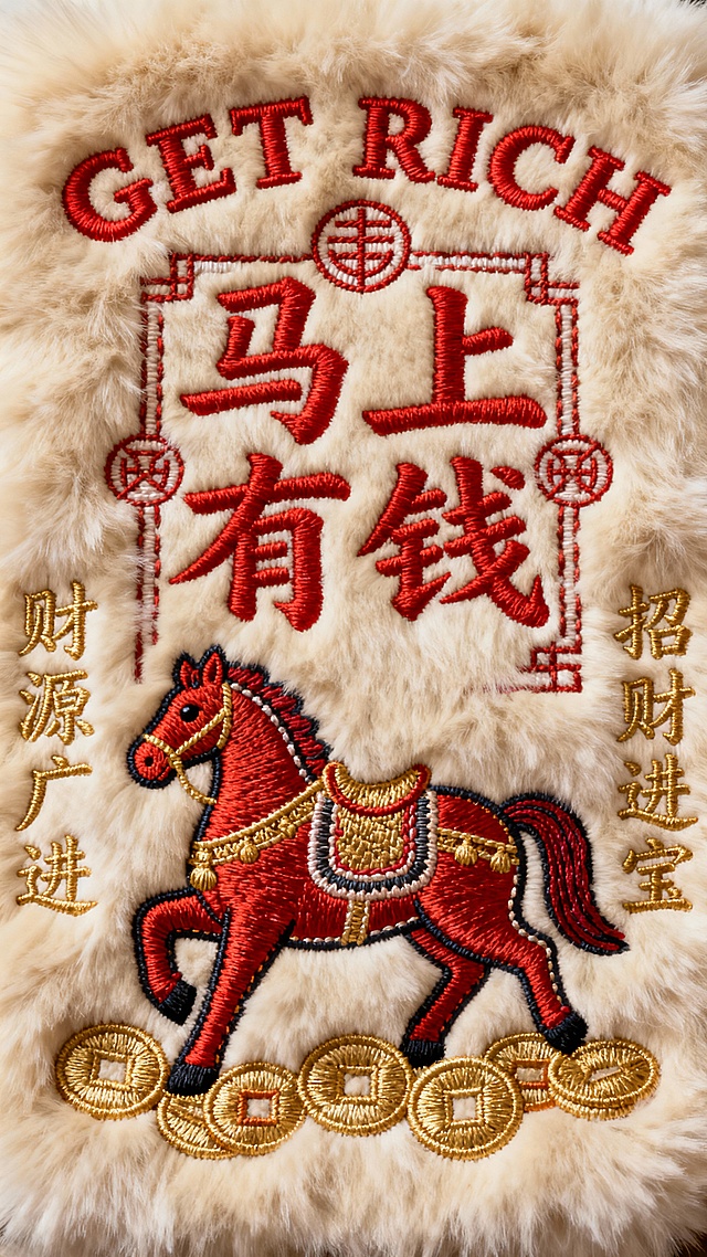 最上方有英文"GET RICH"，中间是道家神秘灵符笔画的红色东方符箓字体"马上有钱"，下面是一匹马背着铜钱组合的图案，两侧竖排金色的“财源广进”和“招财进宝”，有玄术封印、夸张笔触、咒语结构线条，排布对称，米色背景
