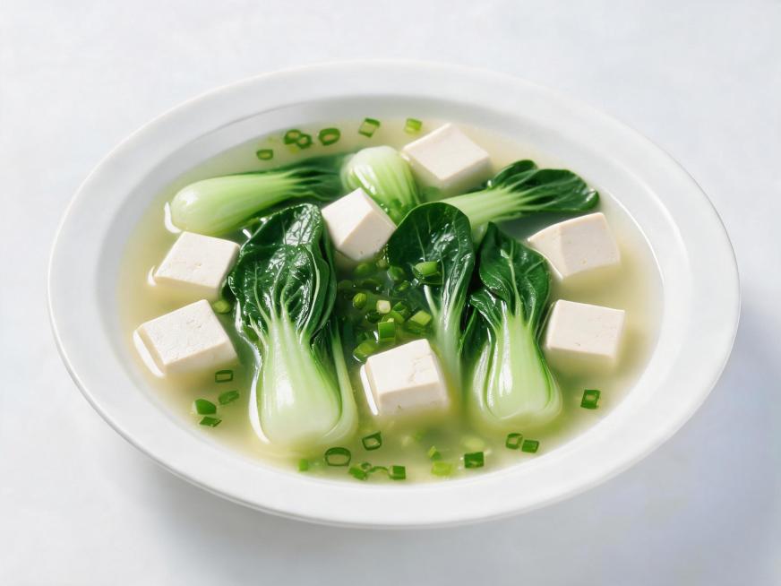 保留豆腐，将白菜替换为小青菜，制作家常青菜豆腐汤，保持白色盘子和纯白色背景，美食实拍风格，汤色清亮，豆腐块搭配翠绿小青菜，撒上葱花预览效果