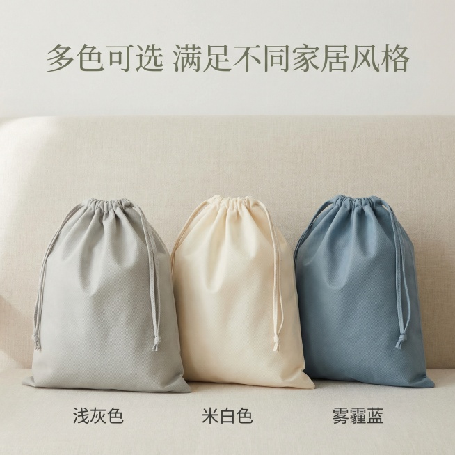 整齐展示3个不同颜色的无纺布束口袋SKU，平行排列在浅纯色家居背景上，每个产品清晰展示整体造型，标注对应颜色名称：浅灰色、米白色、雾霾蓝。顶部主标题“多色可选 满足不同家居风格”，保持整体简约治愈风格预览效果