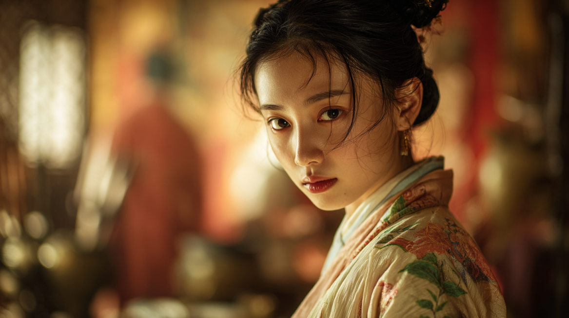 Real film photo of a graceful and gentle ancient Chinese lady, wearing a gorgeous thin shirt, with a预览效果