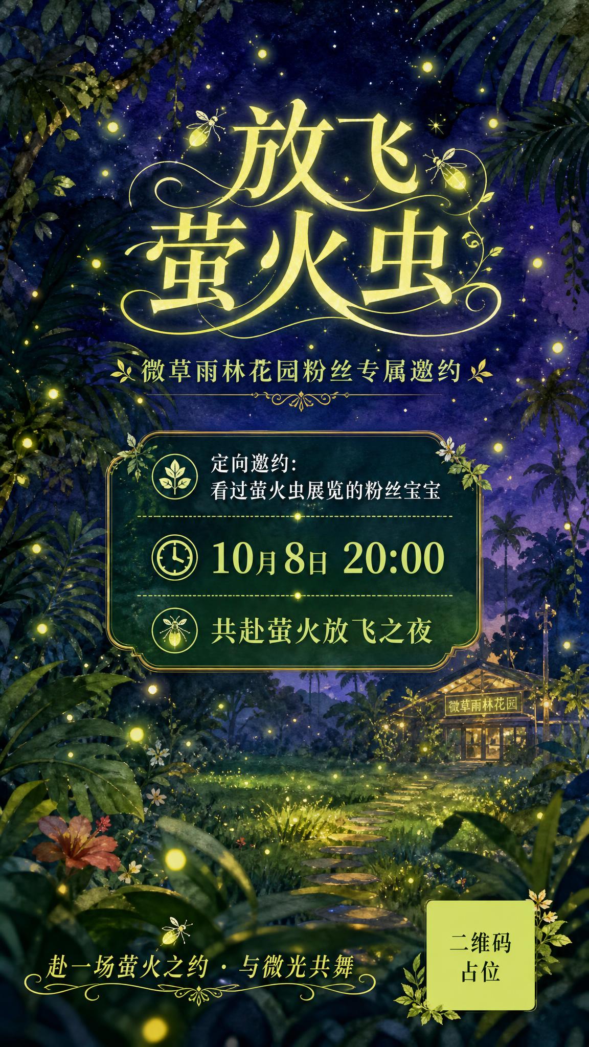 梦幻森系萤火虫放飞活动邀请函海报，竖版9:16。画面主体为夜晚… - 图片创意预览