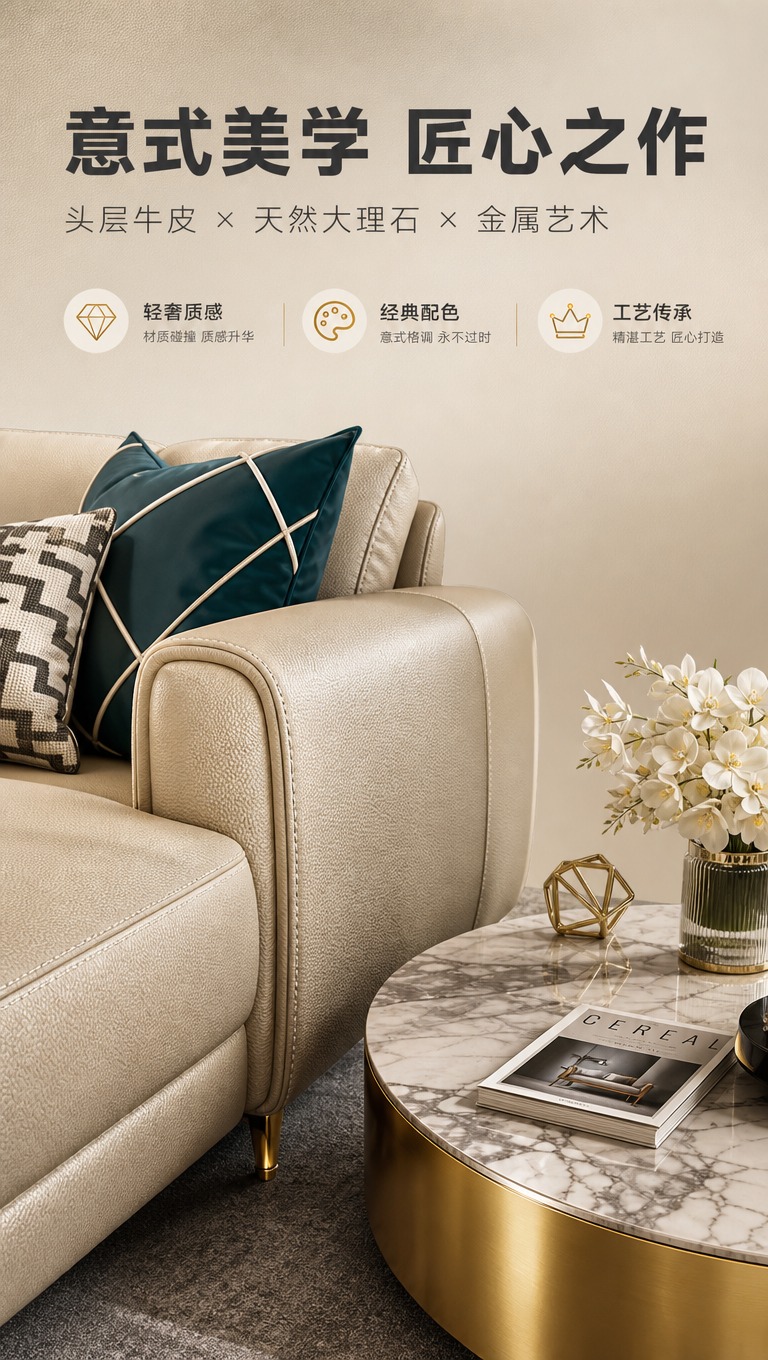 [商品] 使用【图2】浅卡其色头层牛皮L型贵妃沙发和【图1】高… - 图片创意预览