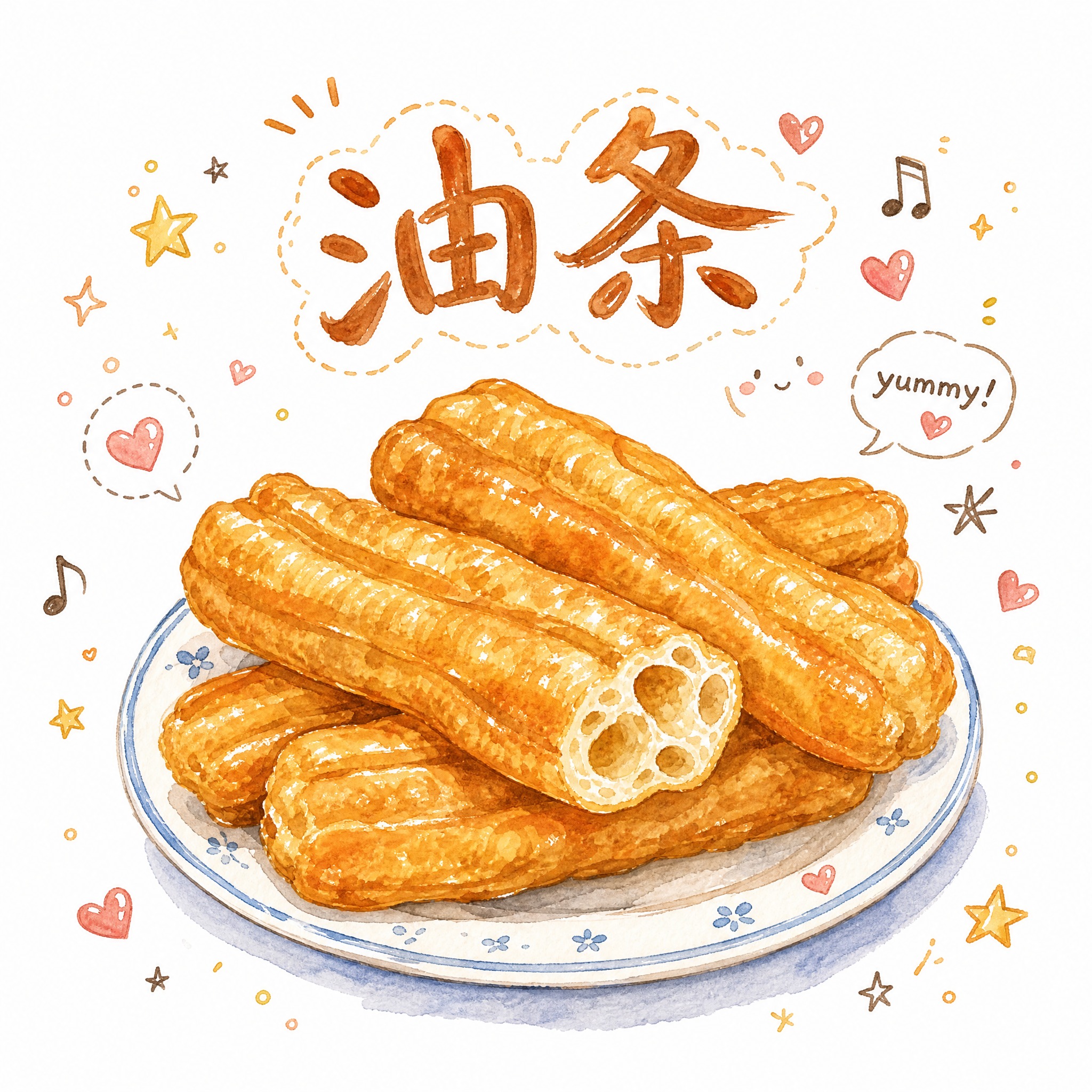 手绘水彩风格的油条菜品插画，参考图中的手绘水彩质感和可爱装饰元… - 图片创意预览