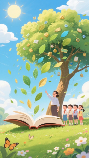 一本打开的书，书页化为飞舞的树叶，生长成一棵知识之树，树木和书本的底部延伸出绿茵茵的草地，周围点缀着花朵和蝴蝶，天空中有几朵云彩，阳光从上方洒下，温暖而明亮，老师站在知识之树旁，手指指向树的枝叶，带着预览效果