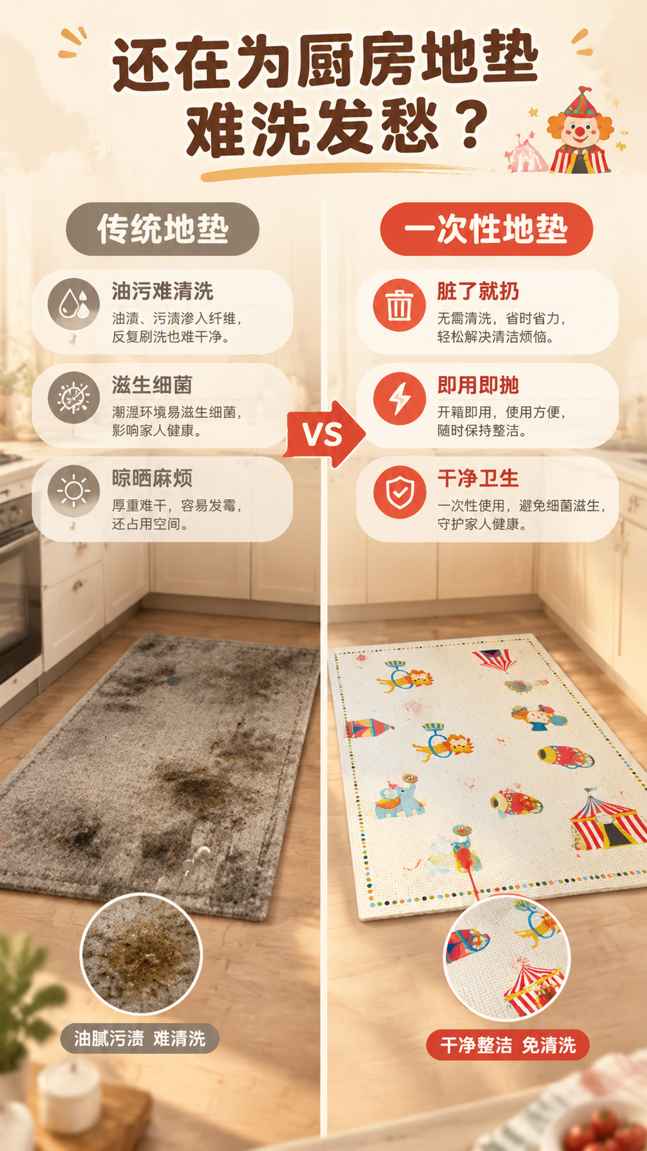 [商品] 使用【图1】马戏团主题厨房地垫；保留米白底色、马戏团… - 图片创意预览