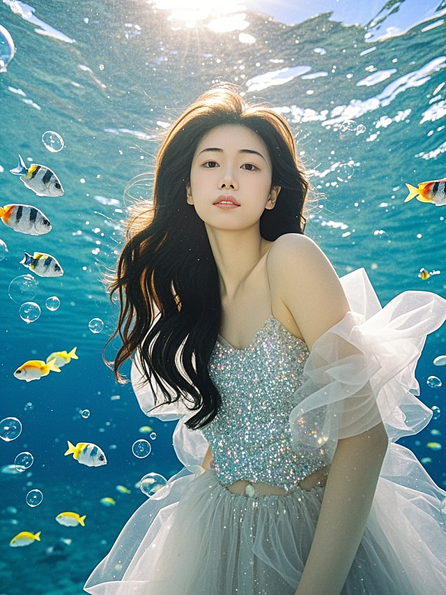 梦幻水下场景，清新浪漫，优雅少女与鱼共舞，水彩风渲染梦幻感。