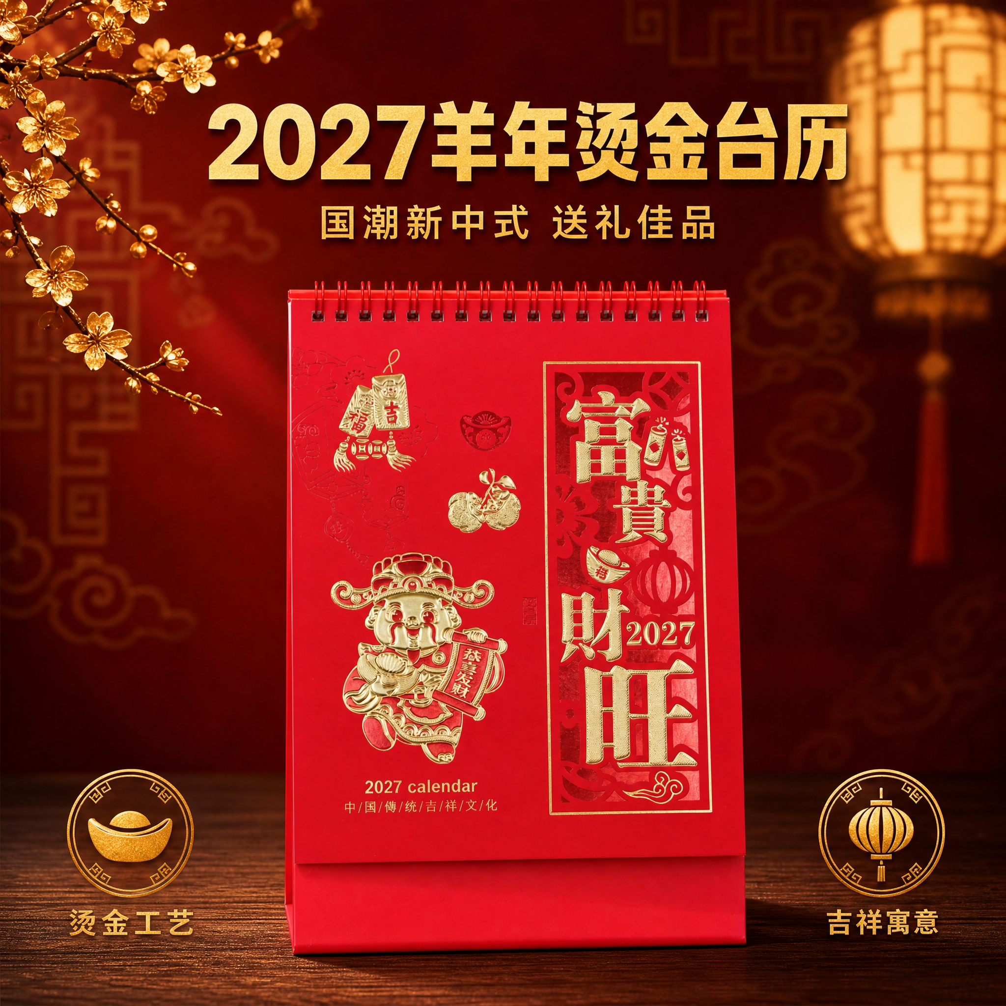 将背景替换为新中式国潮喜庆风格的高级场景。背景为深红色渐变墙面… - 图片创意预览