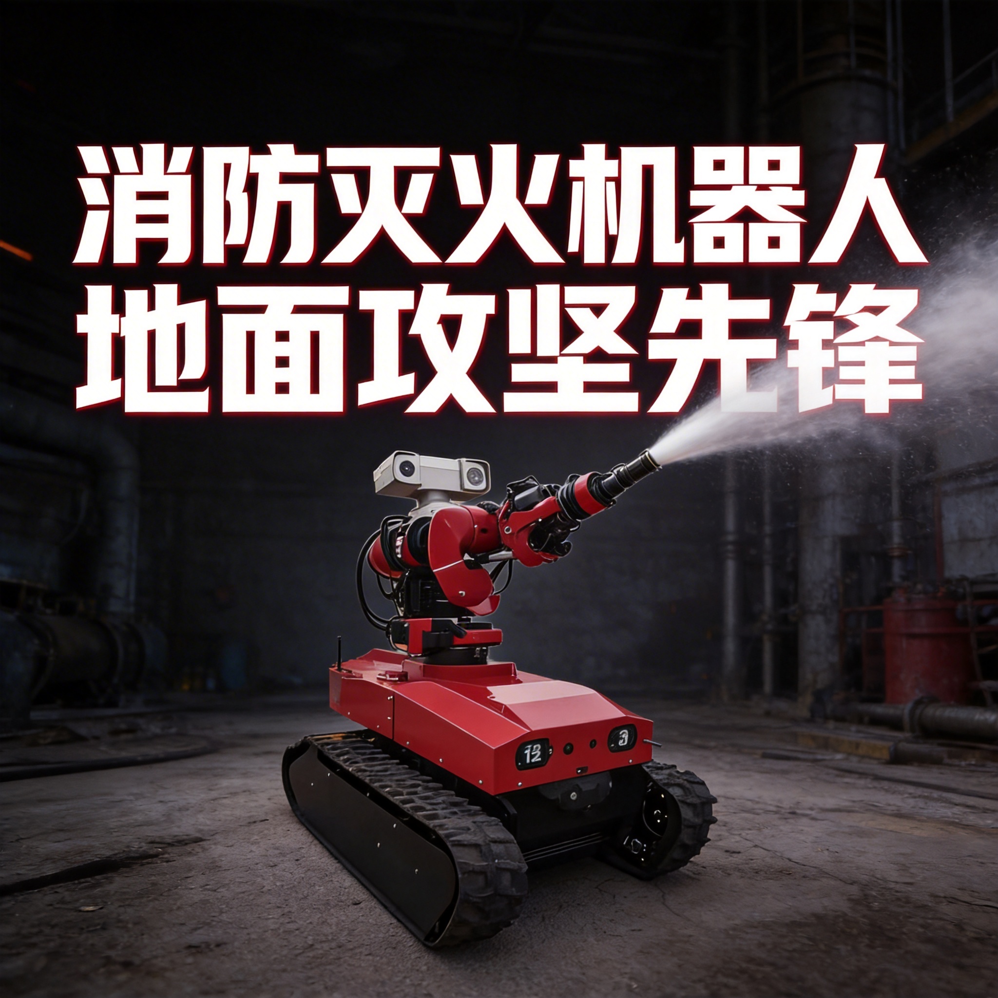 消防灭火机器人主形象图，突出机器人的红色履带式机身和智能灭火炮… - 图片创意预览