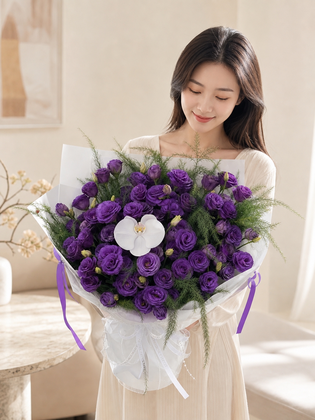 去掉花束中的2朵蝴蝶兰，只保留中间一朵白色蝴蝶兰，花束主体为紫… - 图片创意预览