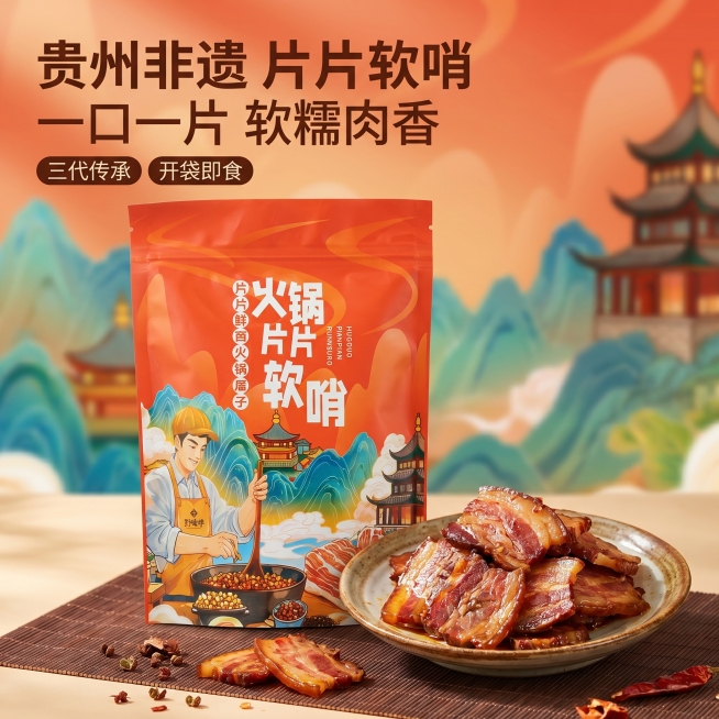 [主图 1] 贵州特产片片软哨首图，食欲诱惑新国潮风格；[氛围风格] 新国潮美食食欲风，红色暖调国潮山水氛围，鲜活诱人食欲感；[画质] 商业摄影质感，光线柔和通透，产品清晰真实，画面干净高级；[元素]预览效果