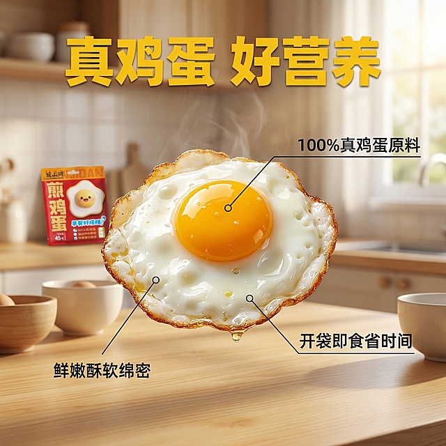 [垫图] https://gdesign-dam-hz.dancf.com/35942307495007390/38e515bcc2cf428c99fc3d1b2e866a75.jpg 即食煎鸡蛋核心卖点主图，高级食欲风，自然暖光，画面中心摆放完整的煎鸡蛋实物，鲜嫩油亮的质感清晰可见，背景模糊融入干净清晨厨房场景，用纤细引线标注产品三大核心优势，引线连接对应位置，背景全屏铺满，主色调暖黄和原木色，中心平视构图，主标题“真鸡蛋 好营养”，黄色粗体字位于画面上方，引线标注分别为“100%真鸡蛋原料”“鲜嫩酥软绵密”“开袋即食省时间”，字体为黑色细体，文字不遮挡主体，2k分辨率