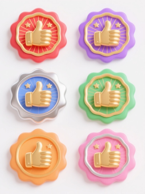 一系列六个设计风格统一的徽章图标，每个徽章中心均为金色立体大拇指点赞手势，外框为波浪形花瓣边缘，内部背景有放射状渐变线条和两颗小星星装饰，整体呈现出圆润、卡通、具有光泽感的3D图标风格，光影过渡平滑自然，立体感强。六个徽章分别采用完全不同的纯色背景及对应搭配的边框和细节色彩（例如：红色背景配金色边框、蓝色背景配银色边框、绿色背景配金色边框、紫色背景配银色边框、橙色背景配金色边框、粉色背景配银色……预览效果
